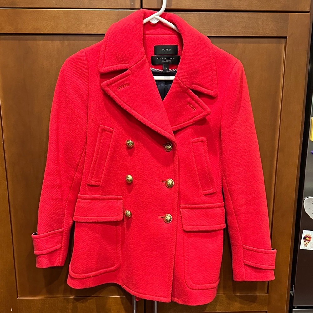 J. Crew Women's Vibrant Red Peacoat with Gold Buttons